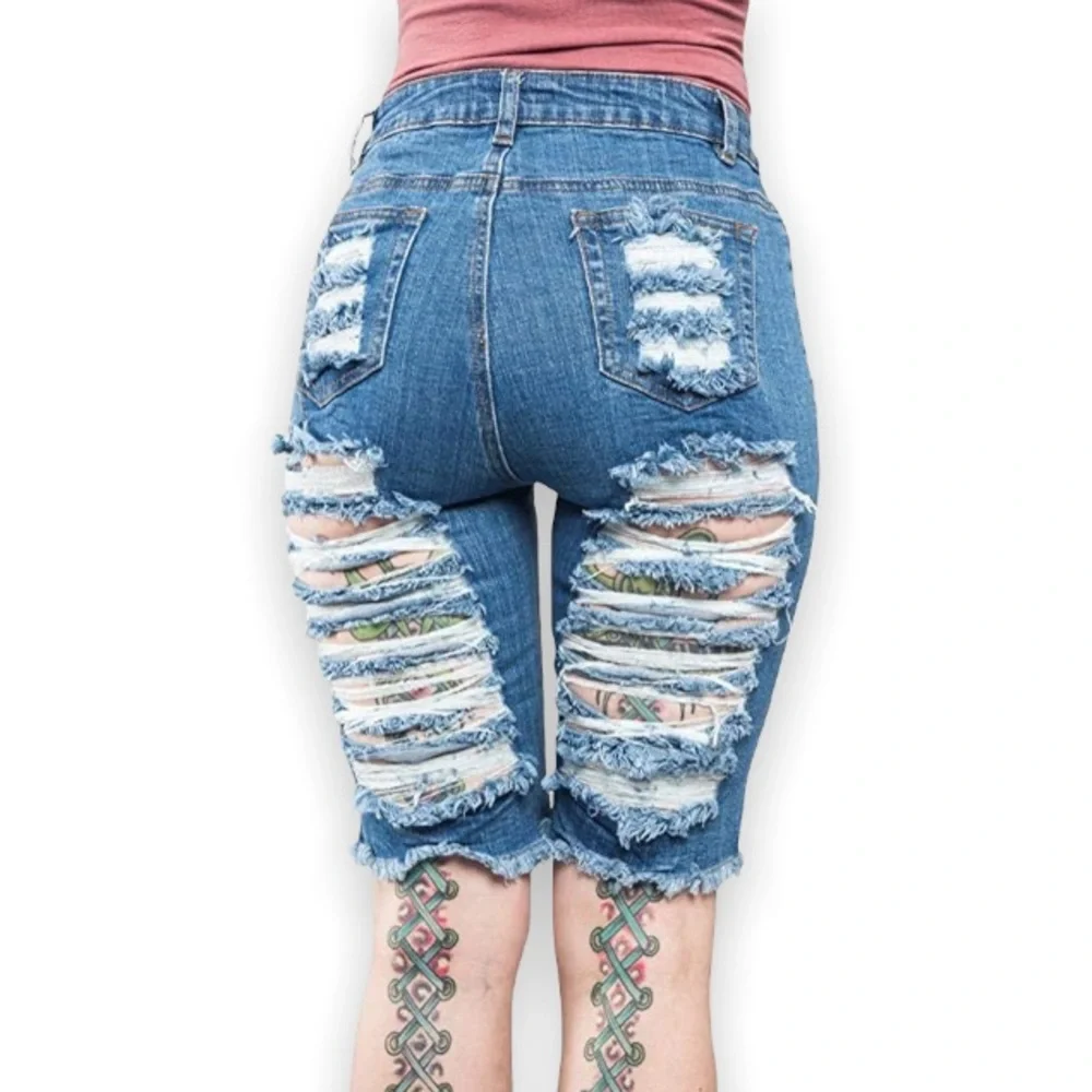 American Bazi Women's Blue Destroyed Denim Distressed Capri Knee Long Shorts
